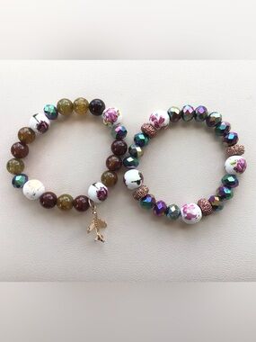 Floral Ceramic & Iridescent Bead Bracelets - White & Multicolor